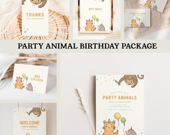 May include: A printable party animal birthday package with a welcome sign, a gift table sign, a thank you sign, a food sign, and a birthday invitation. The signs feature cute cartoon animals with balloons. The invitation says "Calling all party animals" and has a monkey, a tiger, and a hedgehog.