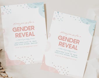 Plantilla de invitación para fiesta de revelación de género en rosa y azul: edición y descarga instantáneas