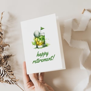 Cartão de aposentadoria com tema de golfe e uísque Happy Retirement - Cartão de aposentadoria digital - Imprima em casa - Download e impressão instantâneos