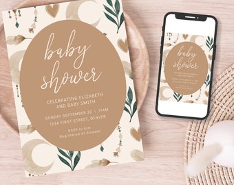 Boho Moon and Feather Baby Shower Invitation Template - Instant Edit and Download