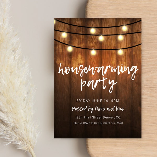 Rustic Housewarming Party Invitation 5x7 inch Template With Hanging String Lights - Instant Edit and Download