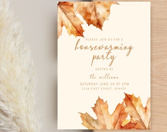 Fall Theme Housewarming Party Invitation Template With Leaves -  Instant Edit and Download