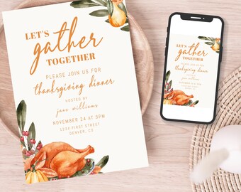 Könnte beinhalten: Einladung zum Thanksgiving-Dinner mit dem Text "Let's gather together" in orangefarbener Schrift. Die Einladung zeigt Aquarellillustrationen eines gebratenen Truthahns, Kürbissen und Blättern. Ein Smartphone zeigt die gleiche Einladung.