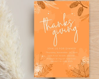 Thanksgiving Dinner - Thanksgiving/Friendsgiving Invite Template - Instant Edit and Download - Autumn/Fall Themed Orange with Leaves