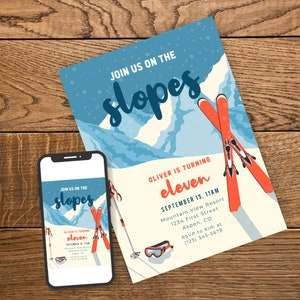 Join us On the Slopes - Snow Skiing Theme Birthday Party Invitation Template with Skis and Goggles - Instant Edit and Download
