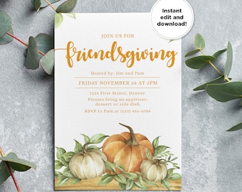 Join us for a Friends Thanksgiving - Thanksgiving/Friendsgiving Invite Template - With Pumpkin and Leaves - Instant Edit and Download