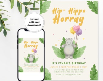 Hip Hippo Hurray! - Hippo Theme Birthday Party Invitation Template - Any Age