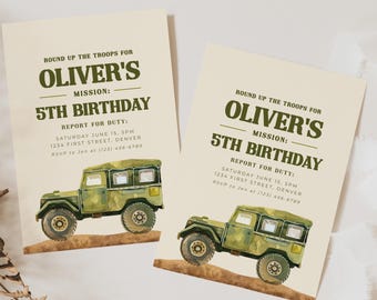 Plantilla de invitación de cumpleaños de camión militar (descarga digital)
