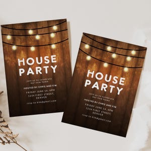 May include: A housewarming party invitation with a rustic wood background and string lights. The text reads "House Party" and includes details about the event, including the date, time, address, and RSVP information.