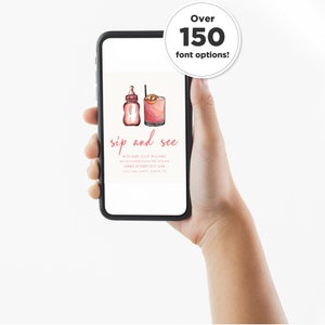 K&ouml;nnte beinhalten: Eine digitale Einladung auf einem Smartphone-Bildschirm f&uuml;r eine Sip-and-See-Party mit Baby Ellie Williams. Die Einladung zeigt eine rosa Babyflasche und ein Cocktailglas mit einem rosa Getr&auml;nk und einer Orangenscheibe. Der Text lautet "sip and see" mit dem Namen des Babys und dem Datum und der Uhrzeit der Party.