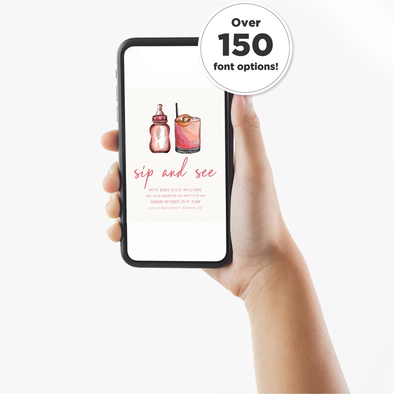 K&ouml;nnte beinhalten: Eine digitale Einladung auf einem Smartphone-Bildschirm f&uuml;r eine Sip-and-See-Party mit Baby Ellie Williams. Die Einladung zeigt eine rosa Babyflasche und ein Cocktailglas mit einem rosa Getr&auml;nk und einer Orangenscheibe. Der Text lautet "sip and see" mit dem Namen des Babys und dem Datum und der Uhrzeit der Party.