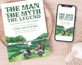 May include: A green and white invitation card with a watercolour illustration of a golf buggy on a green golf course. The text on the card reads "The Man The Myth The Legend Jim Smith is Retiring! Join us for a celebration Friday June 15 at 6pm Baker Street Golf Club 1234 First Street, Denver".