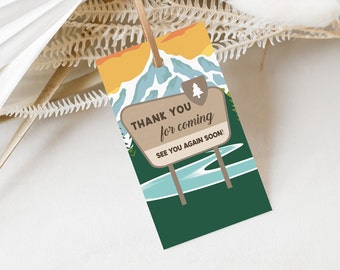 National Park/Highway Sign - Outdoor Theme Birthday Party Gift/Favor Bag Tag Template with Mountains and River - Instant Edit and Download