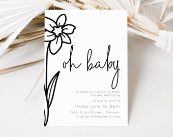 Baby Shower Party Invitation Template with Daffodil March Birth Flower - Instant Edit and Download