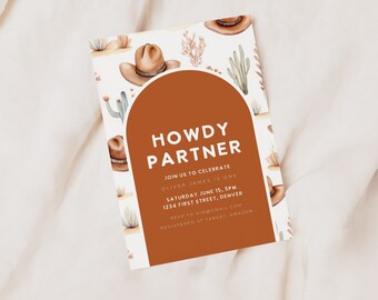 Howdy Baby Southwest Cactus Cowboy Theme Birthday Invitation Template -  Instant Edit and Download