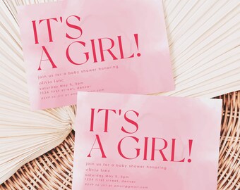 It's a Girl Pink Baby Shower Party Invitation Template -  Instant Edit and Download