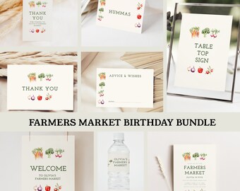 May include: A printable set of farmers market birthday party decorations. The set includes a welcome sign, table top sign, advice and wishes card, thank you card, water bottle label, and a thank you tag. The decorations feature a watercolor illustration of vegetables and fruits.