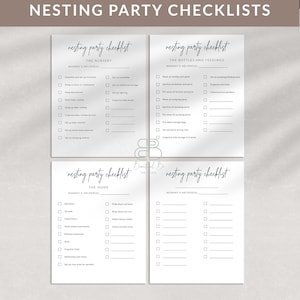 Puede incluir: Cuatro listas de verificación blancas con texto negro, tituladas "Listas de verificación para la fiesta de anidación". Cada lista de verificación tiene un encabezado diferente: "La guardería", "Los biberones y las comidas" y "El hogar".