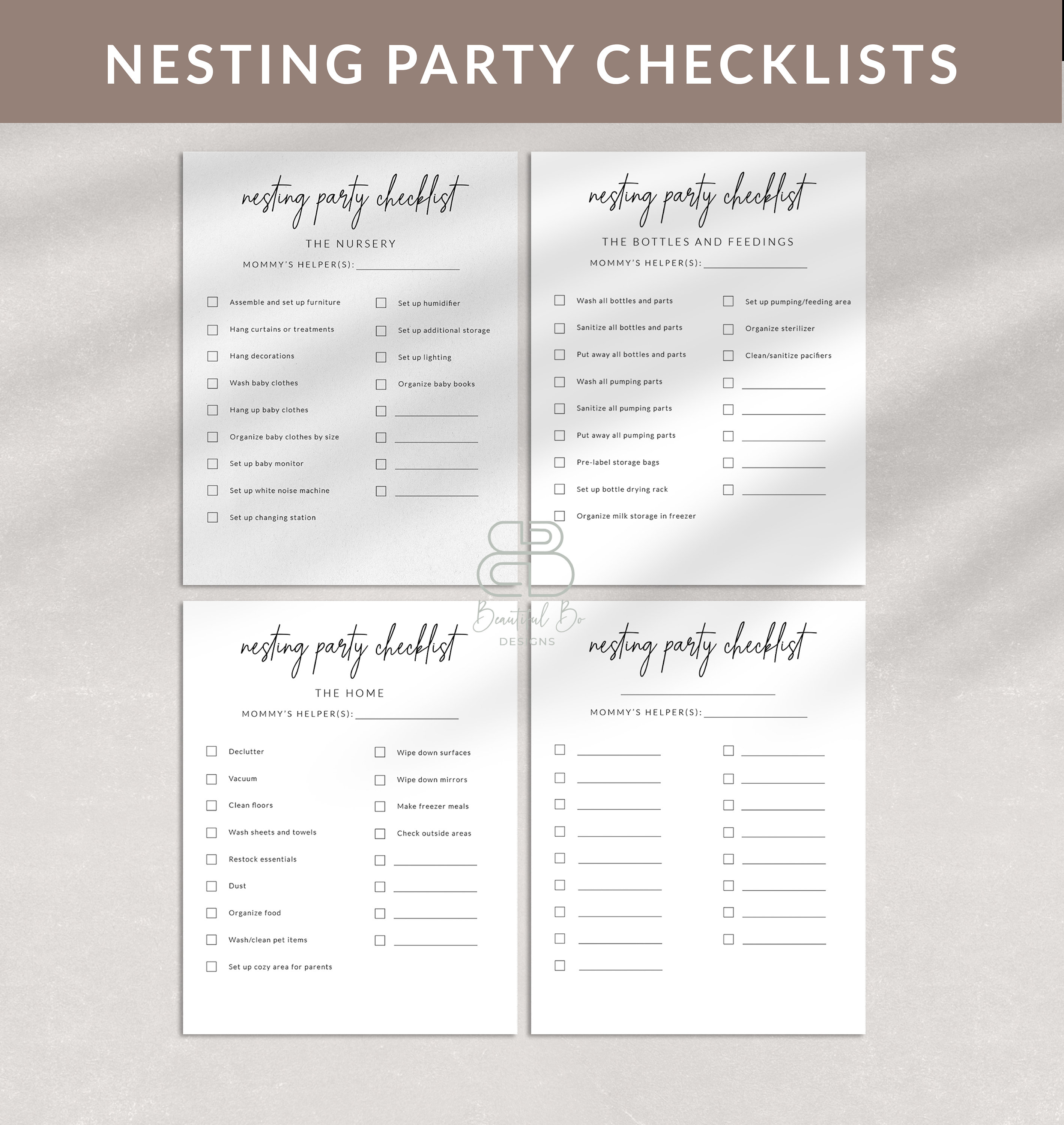 Nesting Party Checklists, Including Nursery, Bottles and Feeding and Home, Custom Blank ...