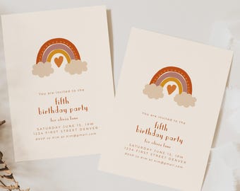 Plantilla de invitación para fiesta de cumpleaños con temática de arcoíris boho: para cualquier edad: edición y descarga instantáneas