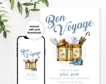 May include: A printable invitation with a watercolor illustration of a suitcase filled with travel items, including a hat, shirt, map, and umbrella. The text "Bon Voyage" is written in blue script. The invitation is for a going away party for Ethan Smith. The date and time of the party are listed as Friday June 15, at 5pm. The location is 1234 First Street, Denver.
