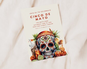 Watercolor Cinco De Mayo Invitation: Skull & Drinks Template (Digital Download)