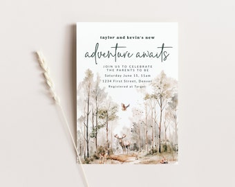 Adventure Awaits Woodland Theme Baby Shower Invitation Template with Animals - Instant Edit and Download
