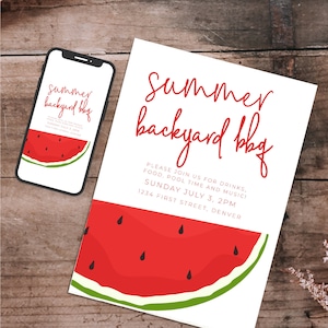 Summer Backyard BBQ Party Invitation with Watermelon  - Housewarming/Summer Party Invitation Template - Instant Edit and Download