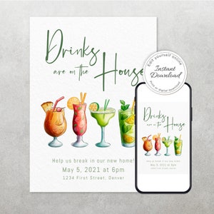 Drinks are on the House - Editable and Customizable Housewarming Invitation Template - Cocktails -  Print or text/email