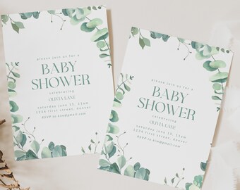 Plantilla de invitación para baby shower en color verde eucalipto (descarga digital)