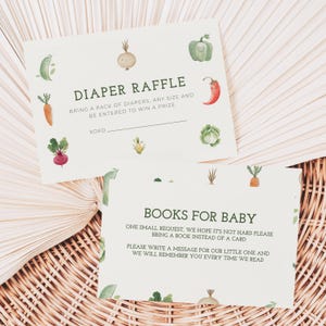 Tirage au sort de couches et livre pour cartes de visite pour bébé, cartes à insérer pour invitation de baby shower, thème légumes - édition et téléchargement immédiats