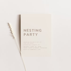 May include: A beige invitation card with the text "NESTING PARTY" in bold, brown letters. The invitation details a baby shower for Sammie Jo, including the date, time, and location. RSVP information is also included.