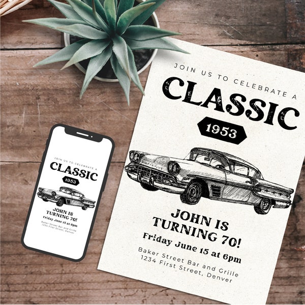 Join us to Celebrate a Classic - Birthday Party Invitation with Vintage Classic Car - Instant Edit and Download