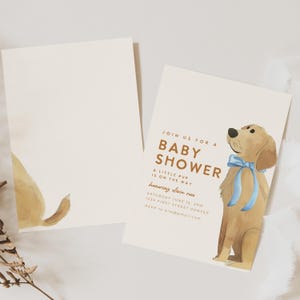 Dog Puppy Themed Baby Shower Invitation Template for Boy with Lab Retriever and Blue Bow - Instant Edit and Download
