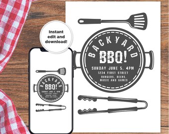 May include: A printable backyard BBQ invitation with a black and white design. The invitation features a grill with the text "Backyard BBQ!" and the date and time of the event. The invitation also includes the address, a list of food and drinks, and the words "Music and Games".