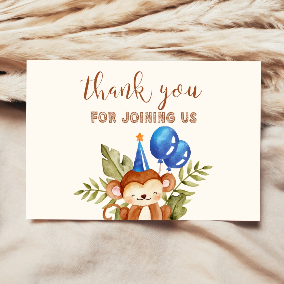 Monkey Thank You Card: Jungle Birthday Party (edit in Browser) - Etsy