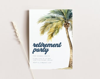 Watercolor Beach Retirement Party Invitation with Palm Tree (Instant Download)
