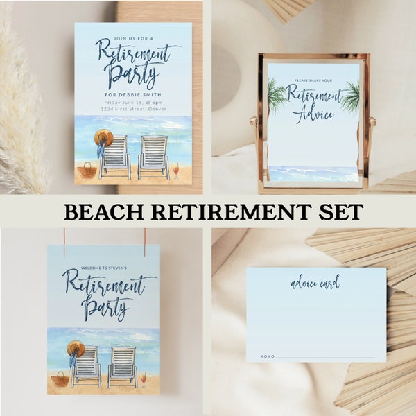 Beach Theme Retirement Party Set - Two Chairs on the Beach with Drinks - Instant Edit and Download