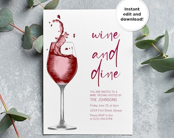 Op de afbeelding: Uitnodiging voor een "Wine and Dine"-feest met een illustratie van een rood wijnglas. De uitnodiging bevat de tekst "Wine and Dine", "You are invited to a wine tasting hosted by The Johnsons", "Friday June 15, at 6pm", "1234 First Street, Denver", "Please RSVP to Kim at (123) 456-6788".