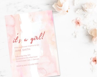 Puede incluir: Invitación a la ducha de bebé de acuarela rosa con el texto "¡es una niña!" y detalles para el evento, incluido el nombre "JANE SMITH", la fecha, la hora, la ubicación y la información de RSVP.