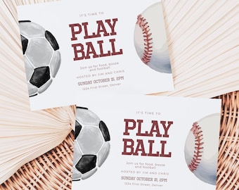 ¡Es hora de jugar a la pelota! Plantilla de invitación para fiesta de béisbol y fútbol: edición y descarga instantáneas.