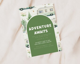 May include: A green and white baby shower invitation with a watercolor illustration of a camper van and the text "Adventure Awaits". The invitation includes details about the event, including the date, time, location, and RSVP information.