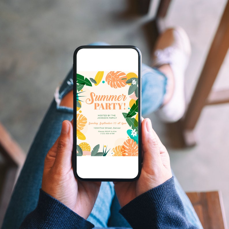 May include: A smartphone displaying a summer party invitation with a tropical theme. The invitation features a colorful design with palm leaves, flowers, and the text "Summer Party!"  Hosted by the Johnson Family, Sunday September 15 at 2pm, 1234 First Street, Denver.