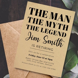 The Man, The Myth, The Legend Retirement Party Invitation Template - Print or text/email - Instant Edit and Download