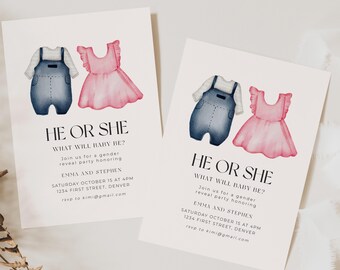 Baby Clothes Gender Reveal Invitation: Pink & Blue (Instant Download)