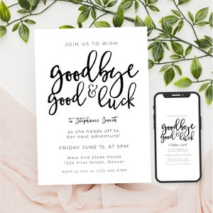 Farewell Party Invitation Template Goodbye and Good Luck with Handwritten Font - Black and White - Instant Edit and Download