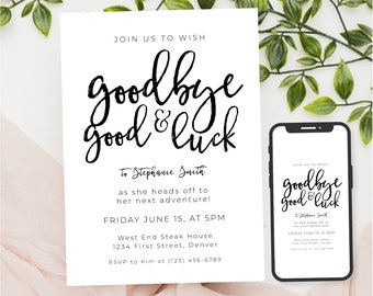 Farewell Party Invitation Template Goodbye and Good Luck with Handwritten Font - Black and White - Instant Edit and Download