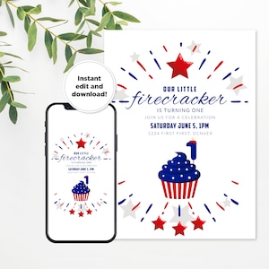 Our Little Firecracker - 4th of July Themed Birthday Party - Cupcake and Fireworks, Red, White and Blue