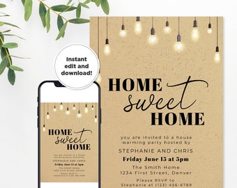 Home Sweet Home - Editable House Warming Invitation Template - Hanging Pendent Edison Vintage Lights