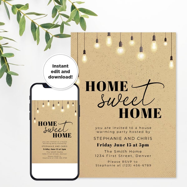 Home Sweet Home - Editable House Warming Invitation Template - Hanging Pendent Edison Vintage Lights